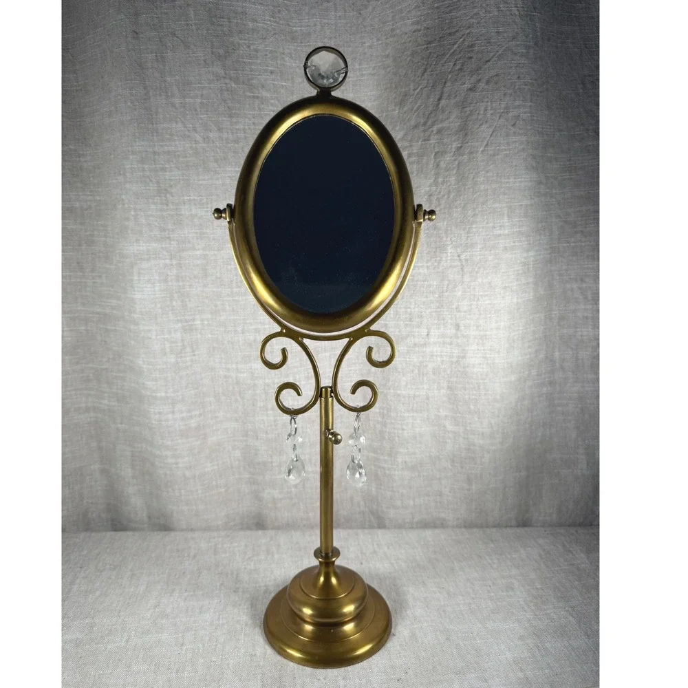 Tabletop Vanity Mirror Good Vintage Brass Finish Oval Swivel Crystal Accents